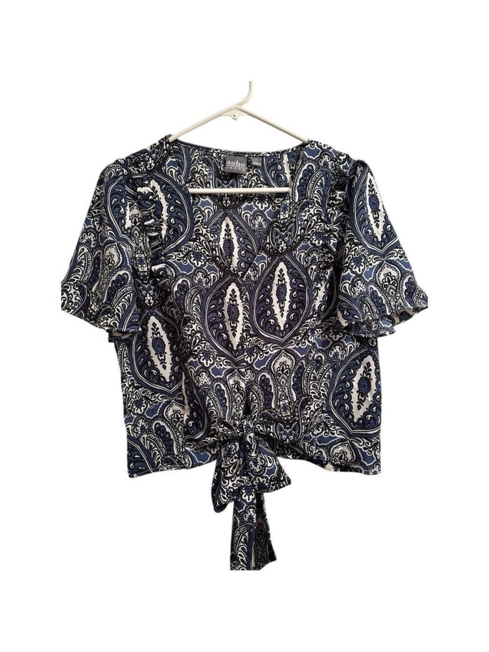 Soho Jeans Chiffon Paisley Cropped Top Summer Blouse Womens S Blue & White Bow